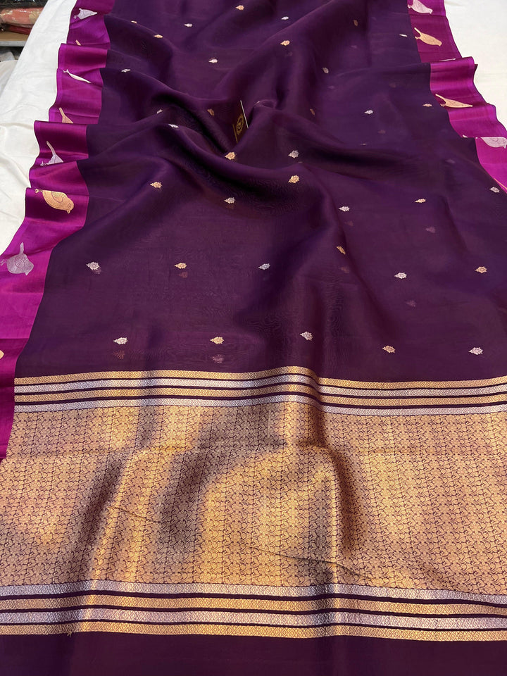 Wine Banarasi Handloom Kora Silk Saree | Kadhwa Weave | Aura Benaras