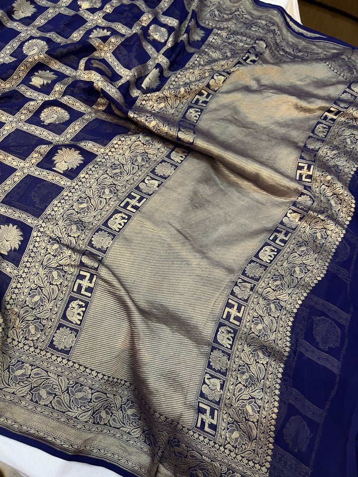 Navy Blue Banarasi Handloom Pure Khaddi Georgette Silk Saree -  Aura Benaras