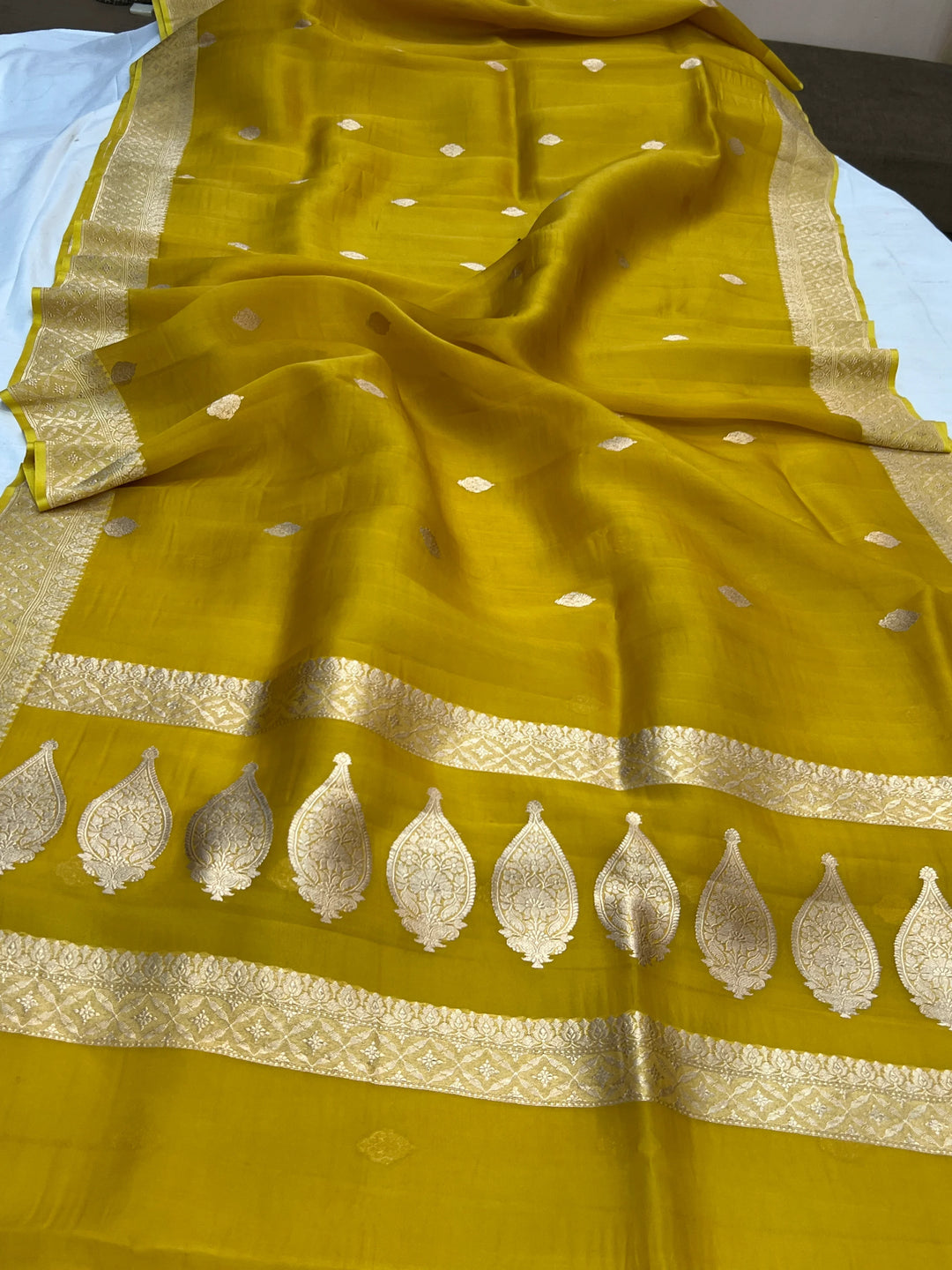 Mustard Yellow Kora Silk Banarasi Saree with Kadhwa Butis 