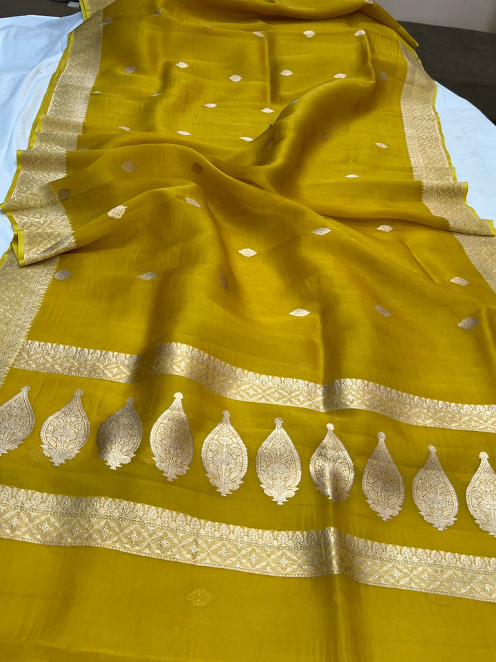 Mustard Yellow Kora Silk Banarasi Saree with Kadhwa Butis 