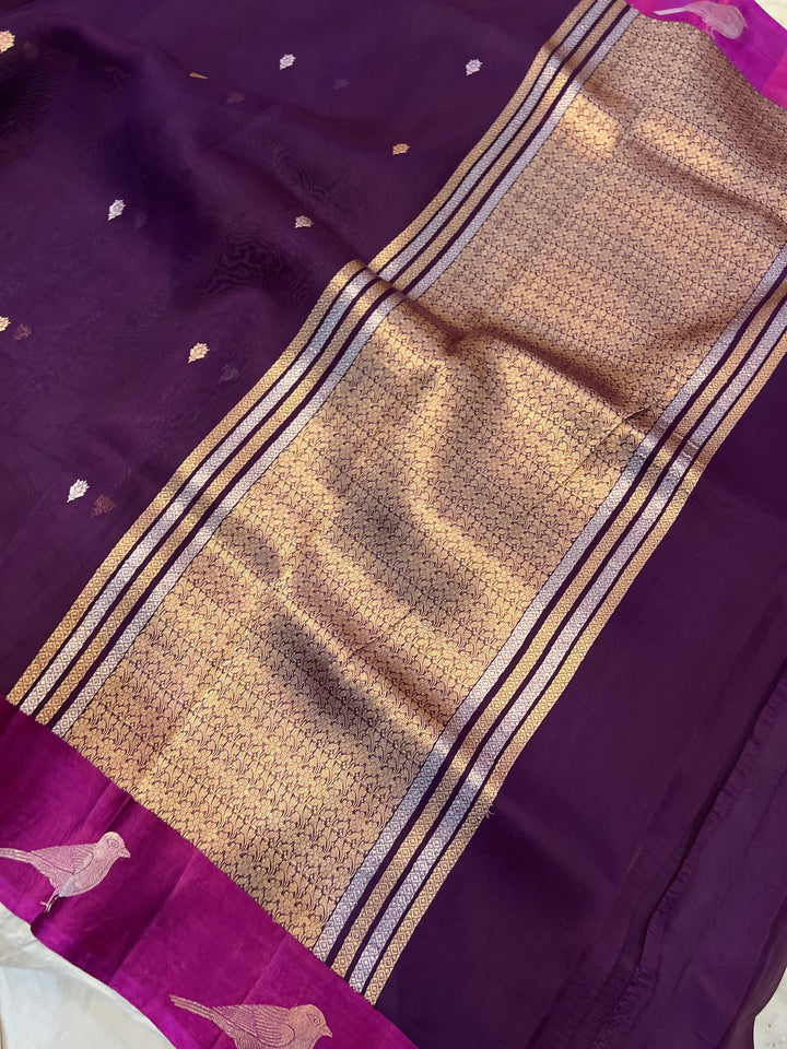 Wine Banarasi Handloom Kora Silk Saree | Kadhwa Weave | Aura Benaras