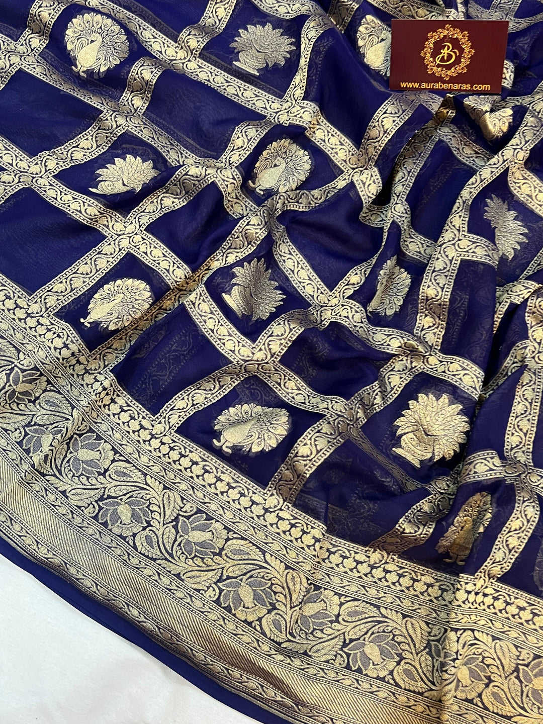 Navy Blue Banarasi Handloom Pure Khaddi Georgette Silk Saree -  Aura Benaras