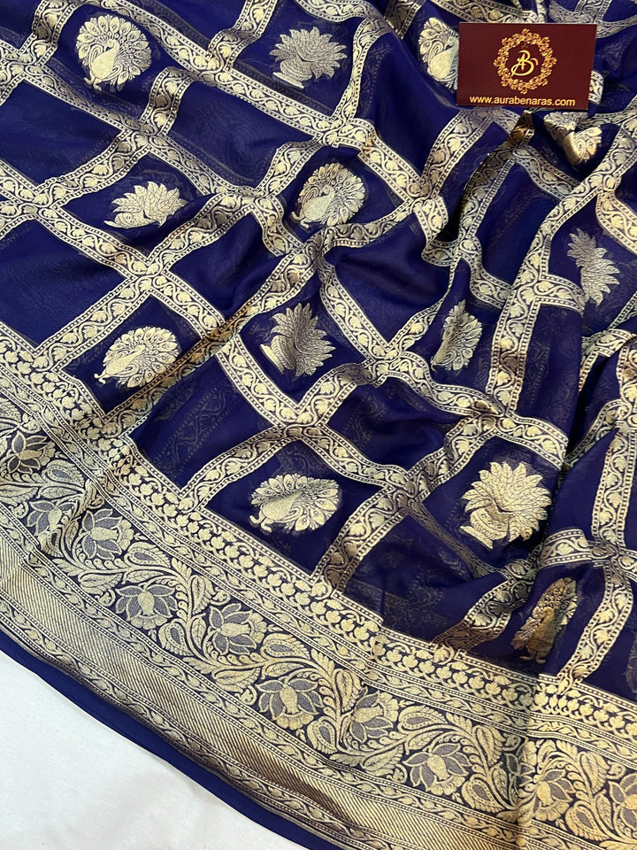 Navy Blue Banarasi Handloom Pure Khaddi Georgette Silk Saree -  Aura Benaras