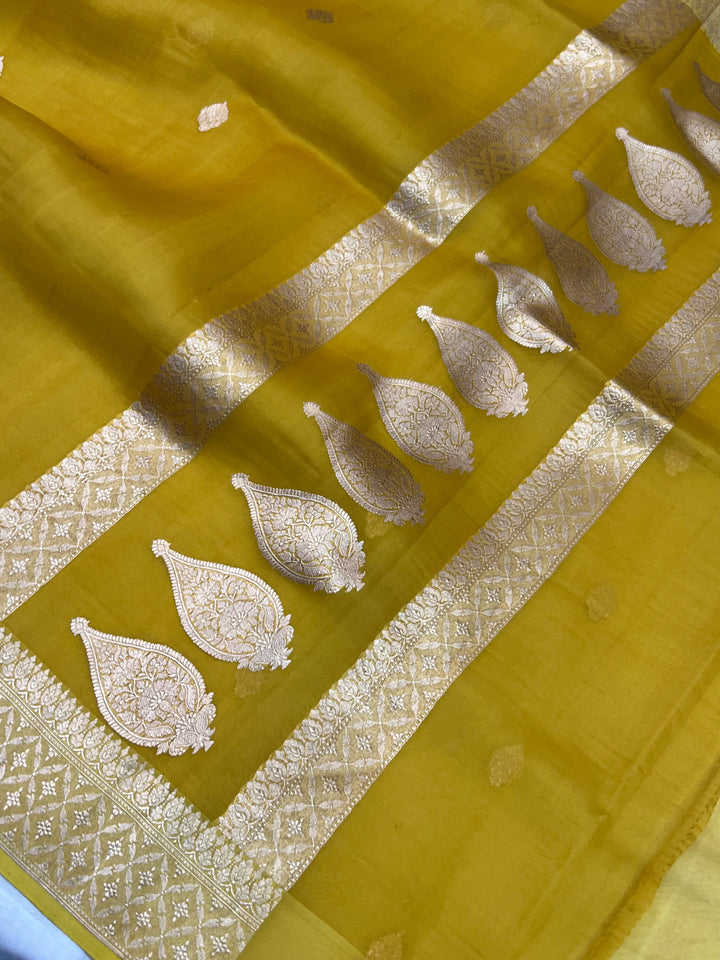 Mustard Yellow Kora Silk Banarasi Saree with Kadhwa Butis 