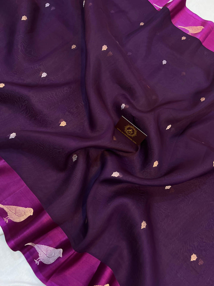 Wine Banarasi Handloom Kora Silk Saree | Kadhwa Weave | Aura Benaras