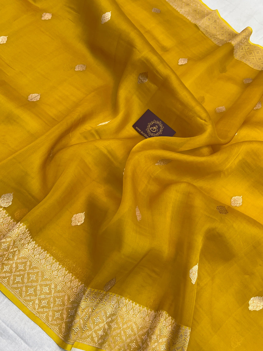 Mustard Yellow Kora Silk Banarasi Saree with Kadhwa Butis 