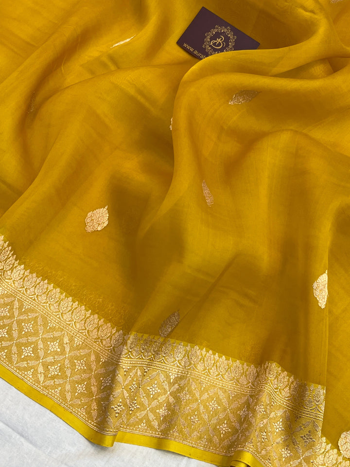 Mustard Yellow Kora Silk Banarasi Saree with Kadhwa Butis 