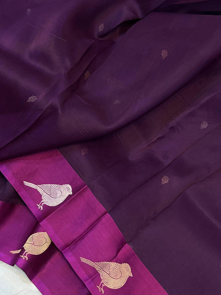 Wine Banarasi Handloom Kora Silk Saree | Kadhwa Weave | Aura Benaras