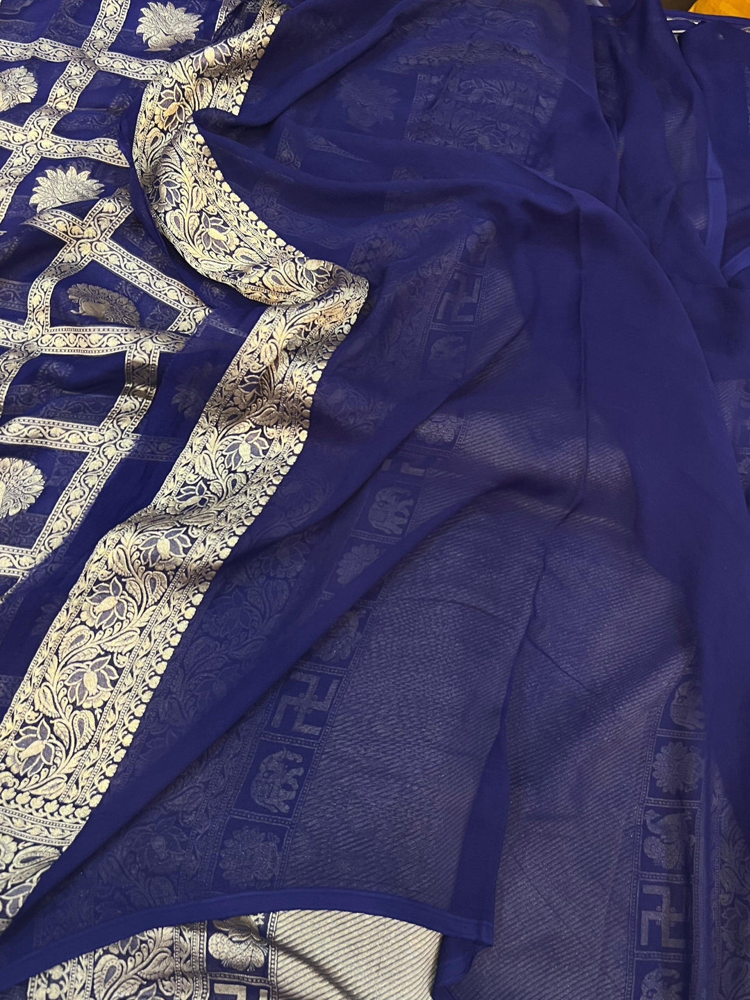 Navy Blue Banarasi Handloom Pure Khaddi Georgette Silk Saree -  Aura Benaras