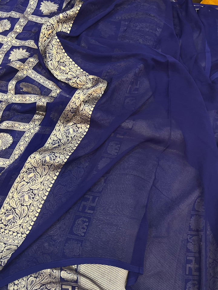 Navy Blue Banarasi Handloom Pure Khaddi Georgette Silk Saree -  Aura Benaras