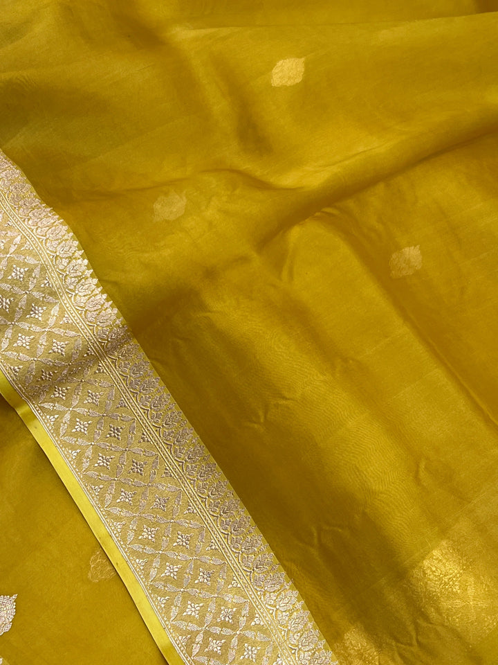 Mustard Yellow Kora Silk Banarasi Saree with Kadhwa Butis 
