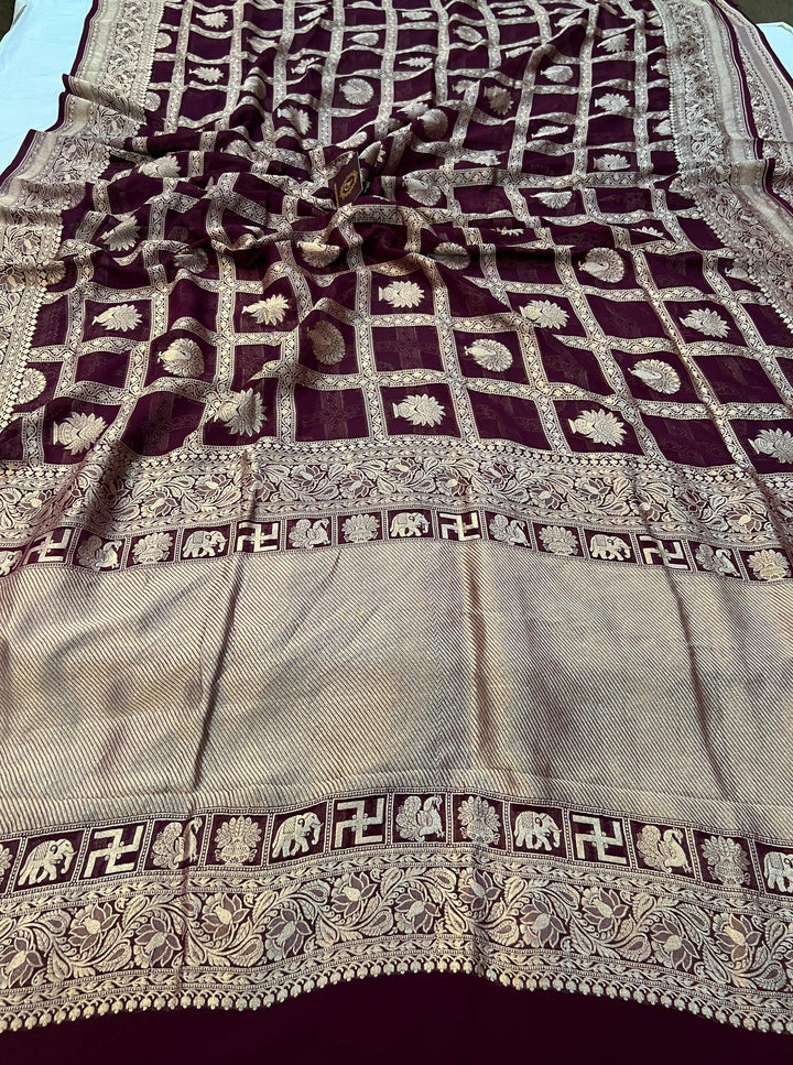 Deep Maroon Banarasi Handloom Pure Khaddi Georgette Silk Saree -  Aura Benaras