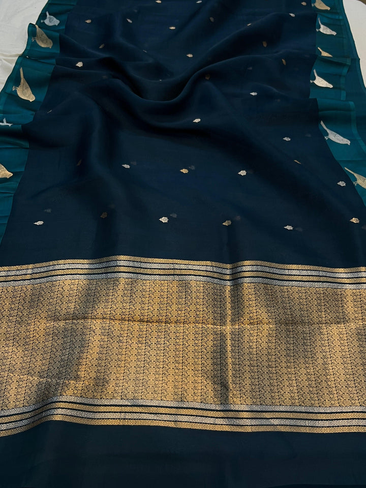 Teal Blue Banarasi Handloom Kora Silk Saree | Kadhwa Weave | Aura Benaras
