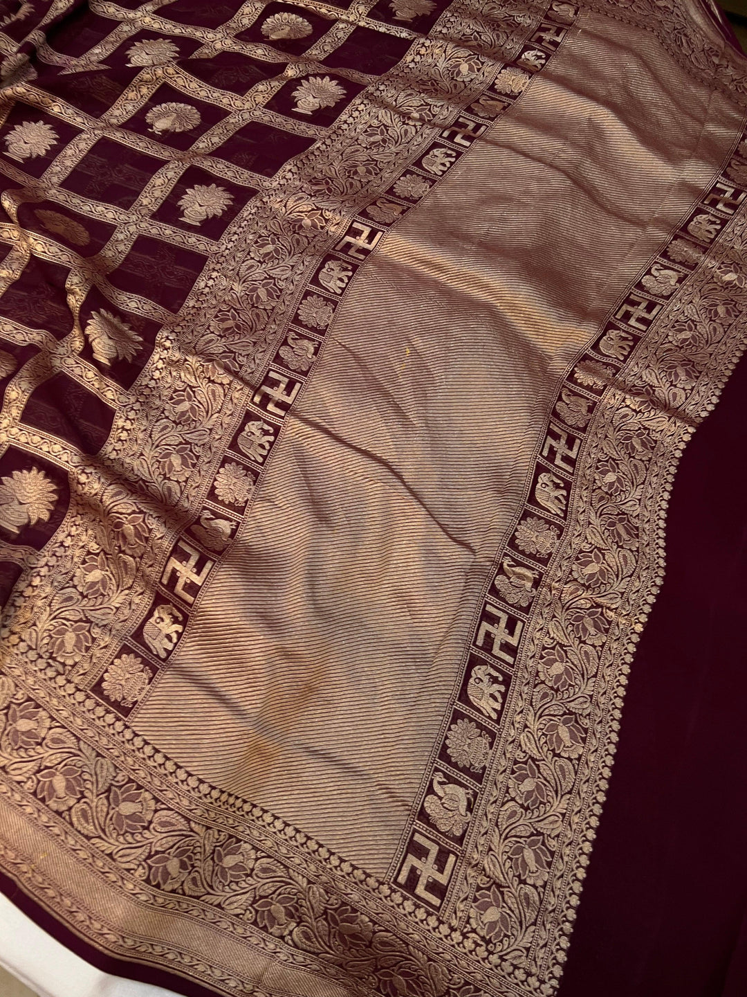 Deep Maroon Banarasi Handloom Pure Khaddi Georgette Silk Saree -  Aura Benaras