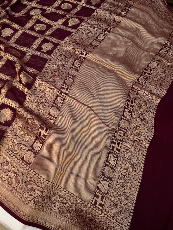 Deep Maroon Banarasi Handloom Pure Khaddi Georgette Silk Saree -  Aura Benaras