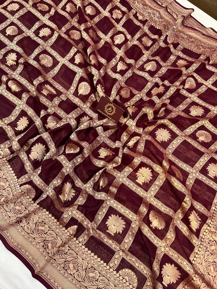 Deep Maroon Banarasi Handloom Pure Khaddi Georgette Silk Saree -  Aura Benaras