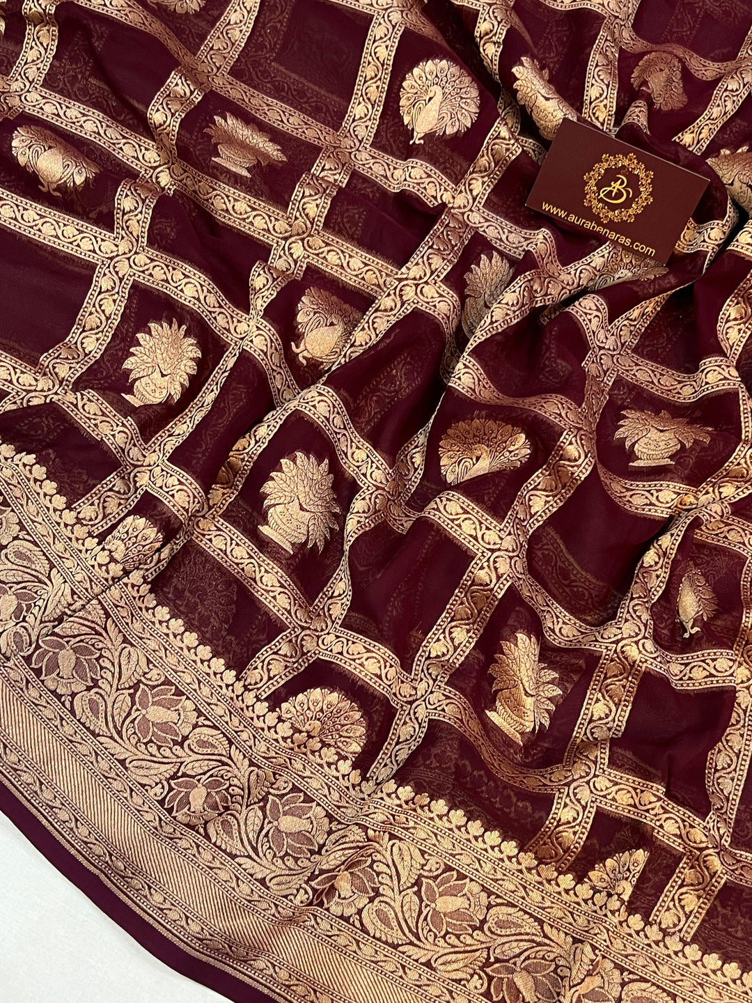 Deep Maroon Banarasi Handloom Pure Khaddi Georgette Silk Saree -  Aura Benaras