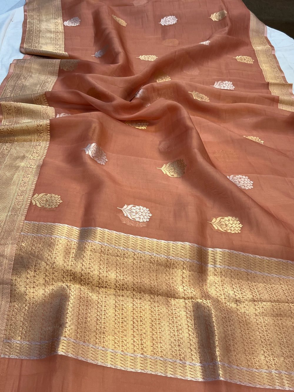Peach Kora Silk Banarasi Saree with Kadhwa Butis 