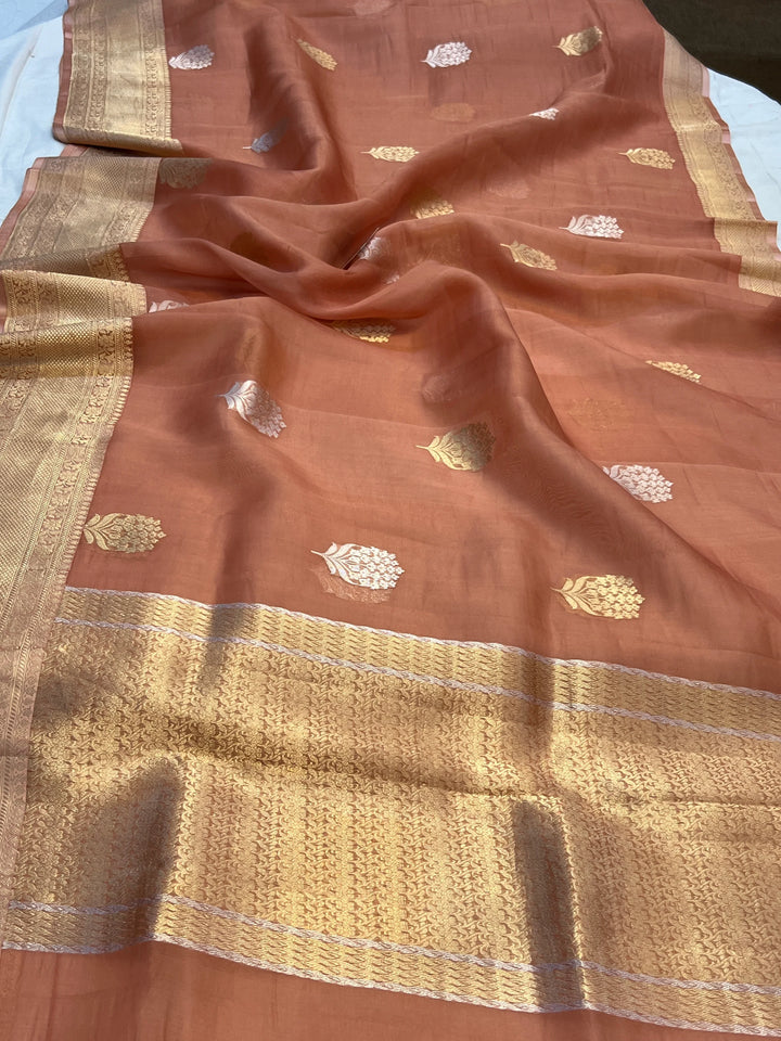 Peach Kora Silk Banarasi Saree with Kadhwa Butis 