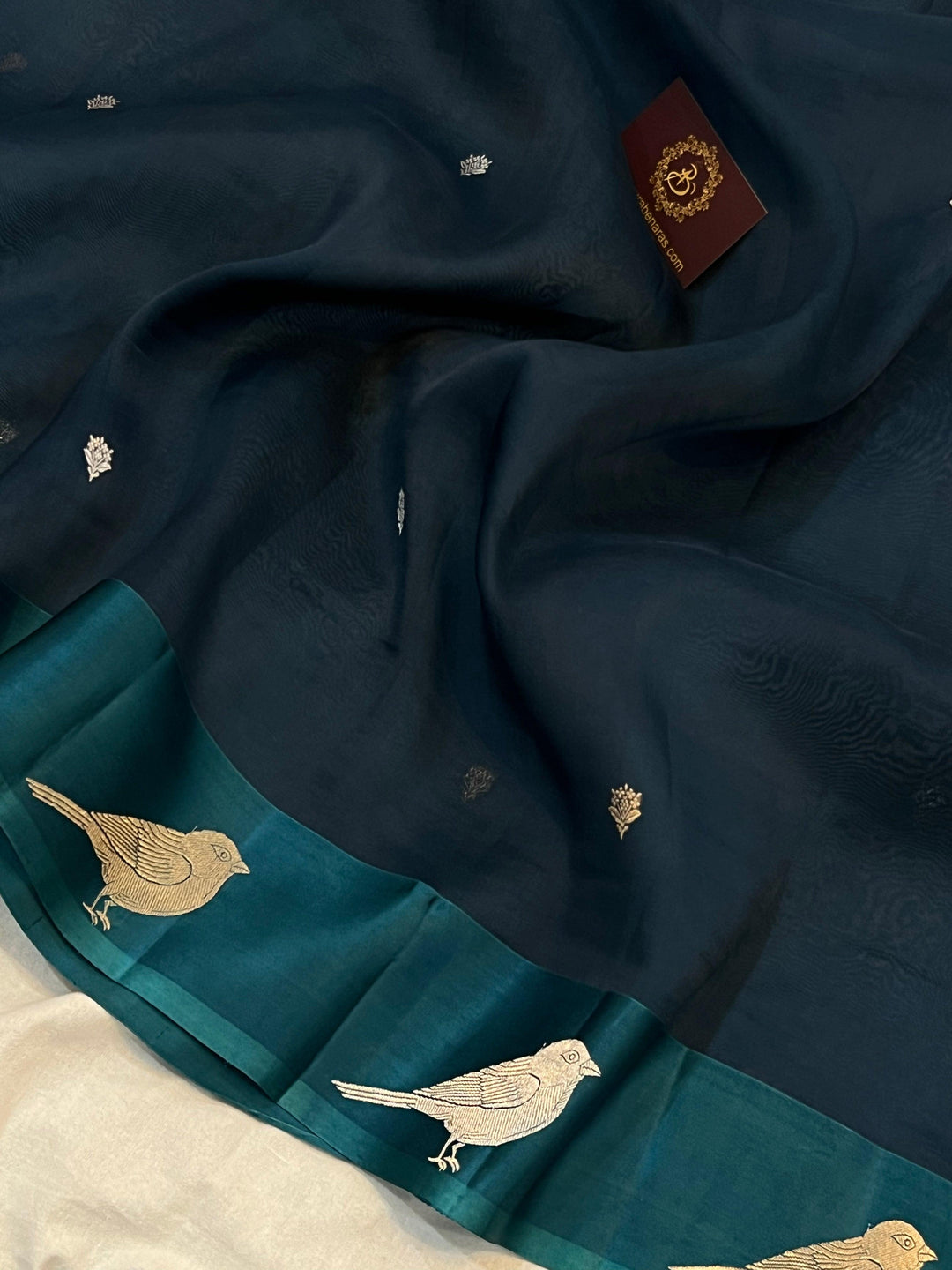 Teal Blue Banarasi Handloom Kora Silk Saree | Kadhwa Weave | Aura Benaras