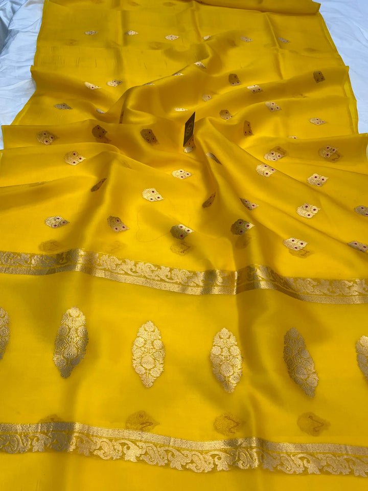 Yellow Pure Kora Silk Handloom Banarasi Saree