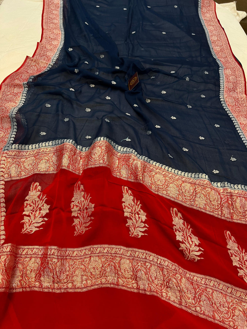 Navy Blue Khaddi Chiffon Banarasi Handloom Saree - Aura Benaras