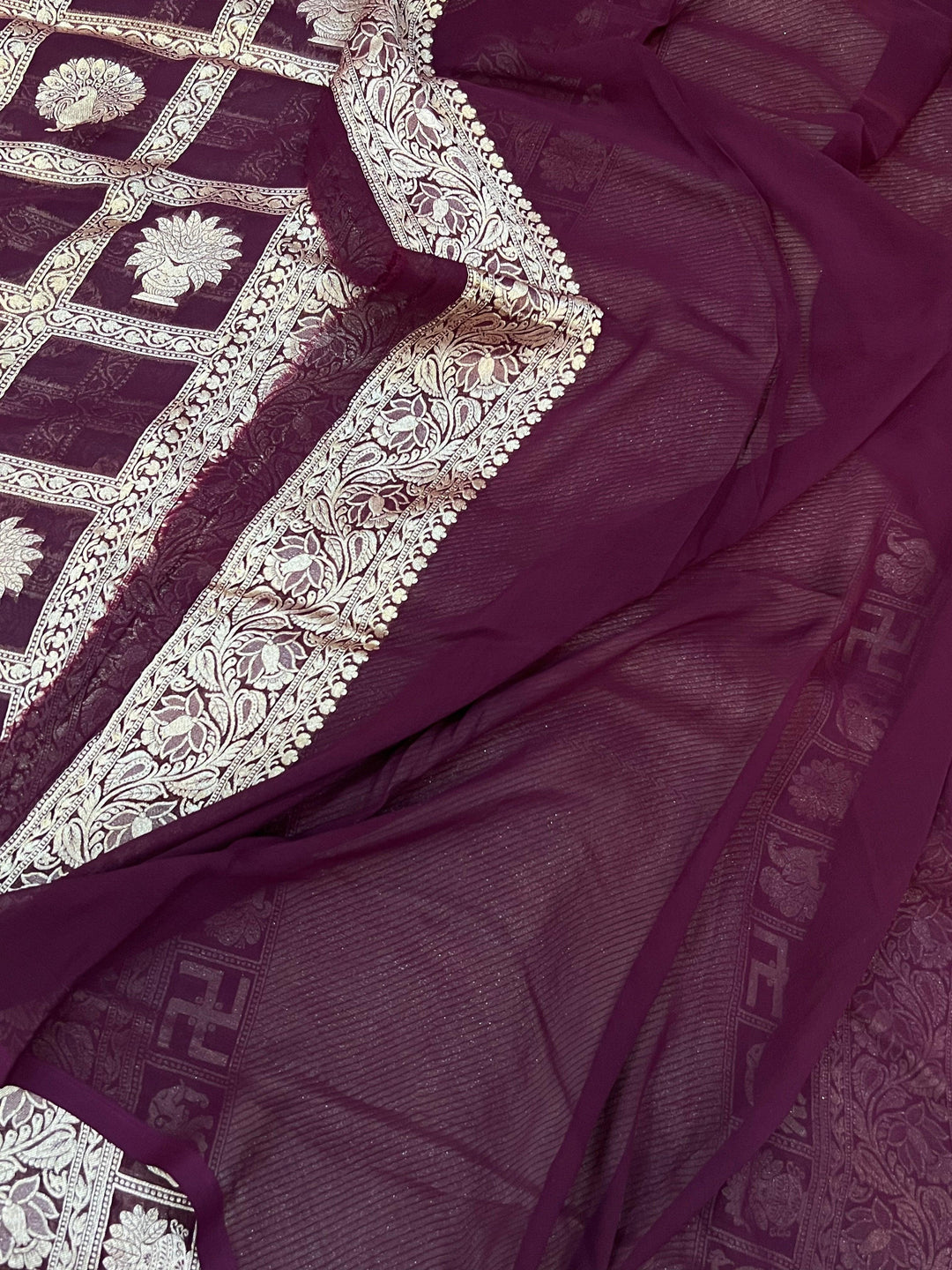 Deep Maroon Banarasi Handloom Pure Khaddi Georgette Silk Saree -  Aura Benaras