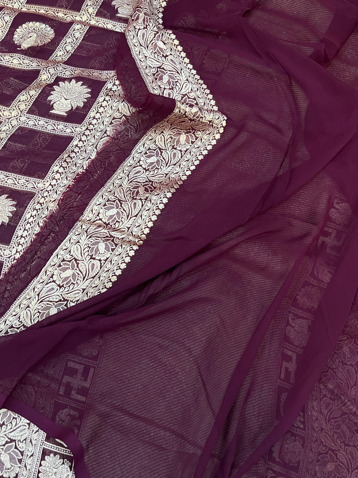 Deep Maroon Banarasi Handloom Pure Khaddi Georgette Silk Saree -  Aura Benaras