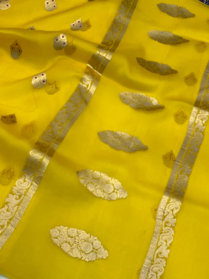 Yellow Pure Kora Silk Handloom Banarasi Saree