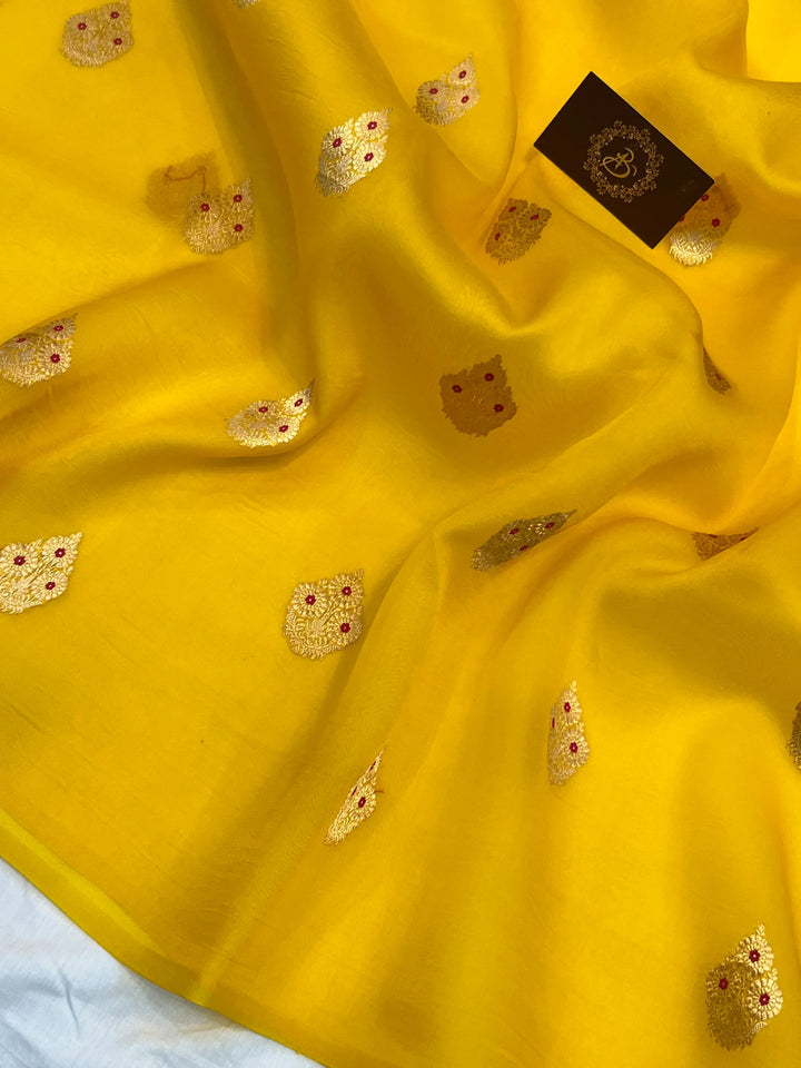 Yellow Pure Kora Silk Handloom Banarasi Saree