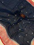 Navy Blue Khaddi Chiffon Banarasi Handloom Saree - Aura Benaras