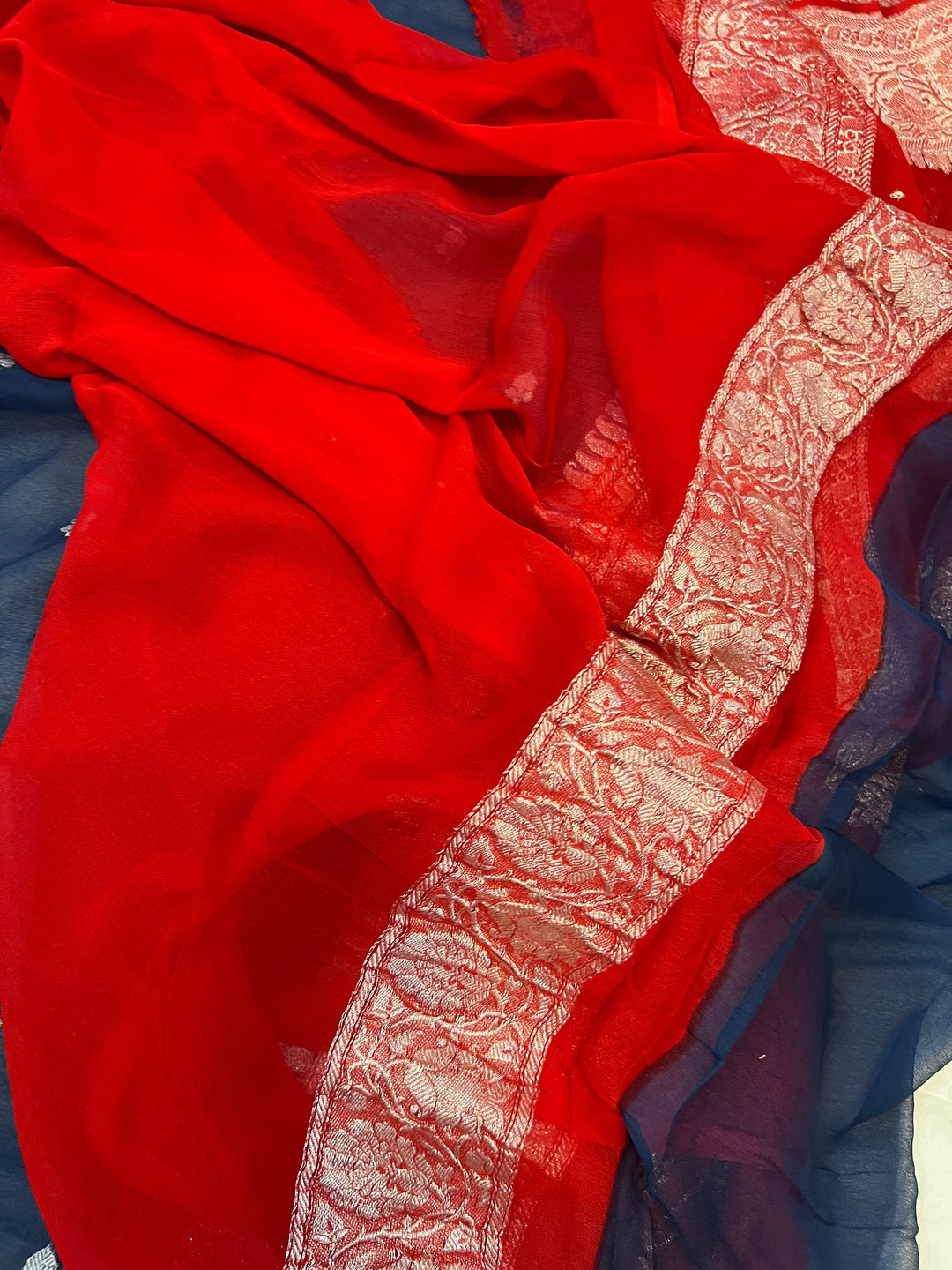 Navy Blue Khaddi Chiffon Banarasi Handloom Saree - Aura Benaras