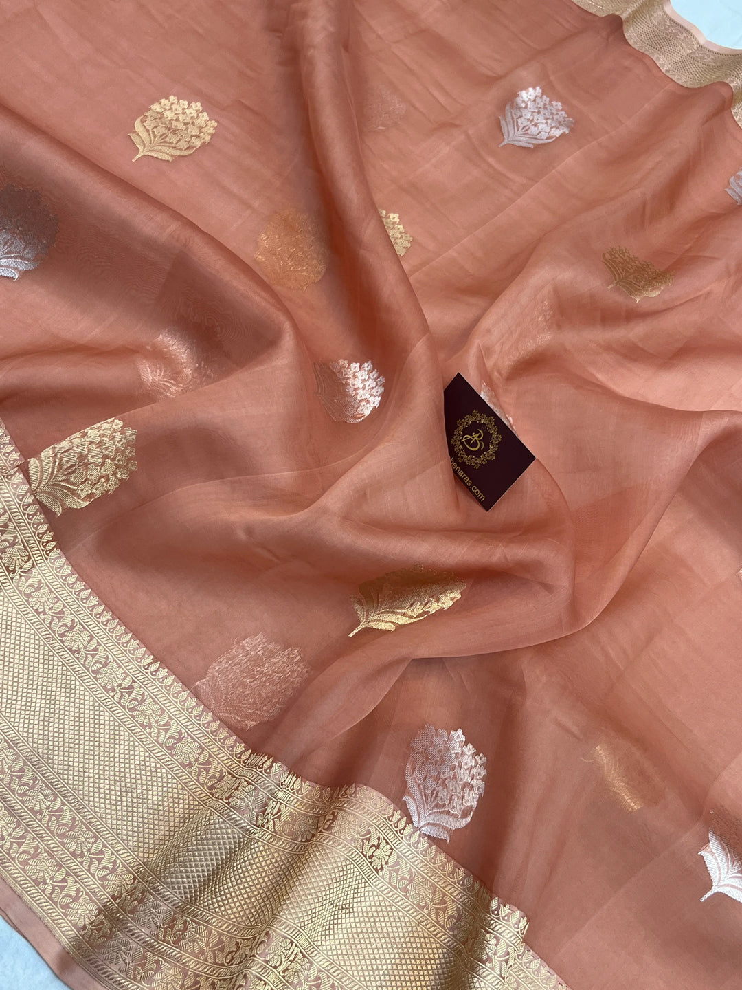 Peach Kora Silk Banarasi Saree with Kadhwa Butis 