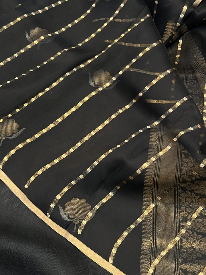 Black Pure Kora Silk Handloom Banarasi Saree