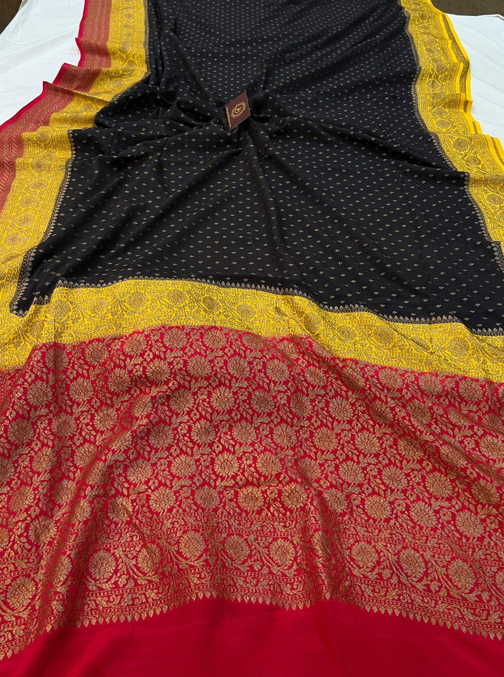 Black Pure Banarasi Khaddi Crepe Silk Saree - Aura Benaras