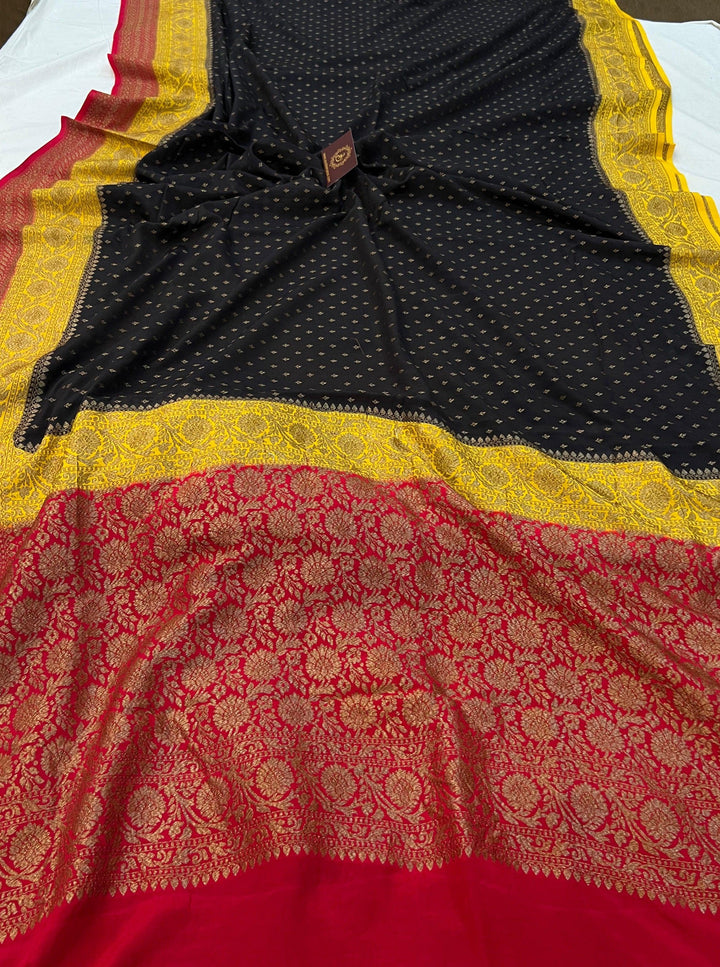 Black Pure Banarasi Khaddi Crepe Silk Saree - Aura Benaras