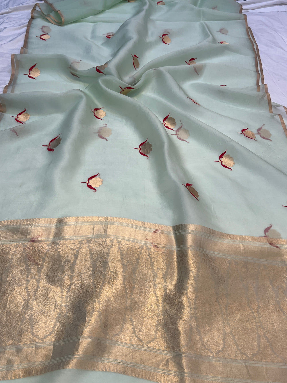 Mint Green Pure Kora Silk Handloom Banarasi Saree