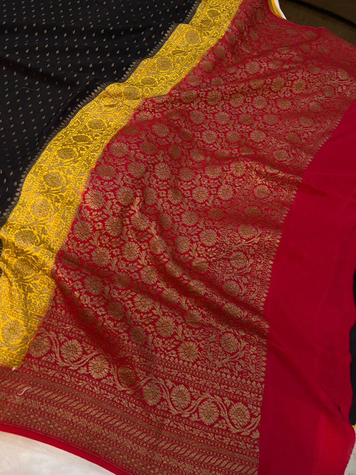 Black Pure Banarasi Khaddi Crepe Silk Saree - Aura Benaras