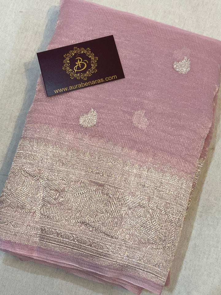 Buy Pink Pure Banarasi Crush Tissue Silk Saree – Handwoven | Aura Benaras