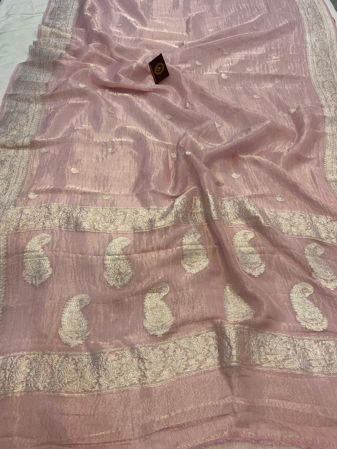 Buy Pink Pure Banarasi Crush Tissue Silk Saree – Handwoven | Aura Benaras