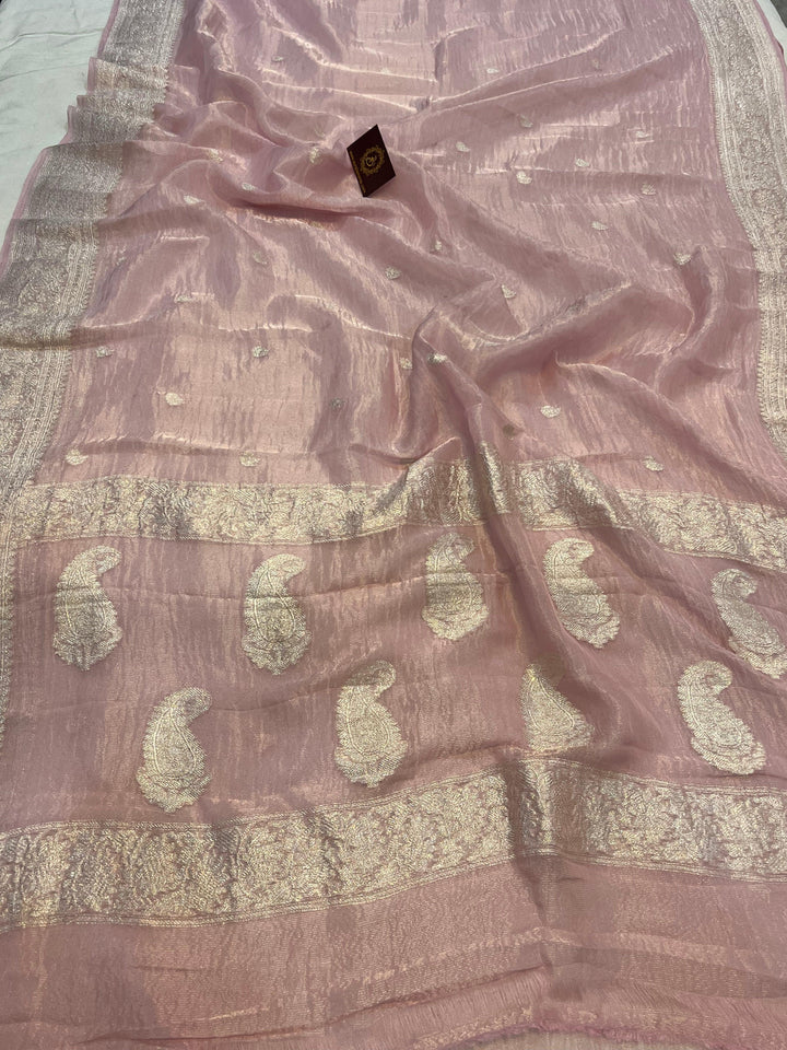 Buy Pink Pure Banarasi Crush Tissue Silk Saree – Handwoven | Aura Benaras