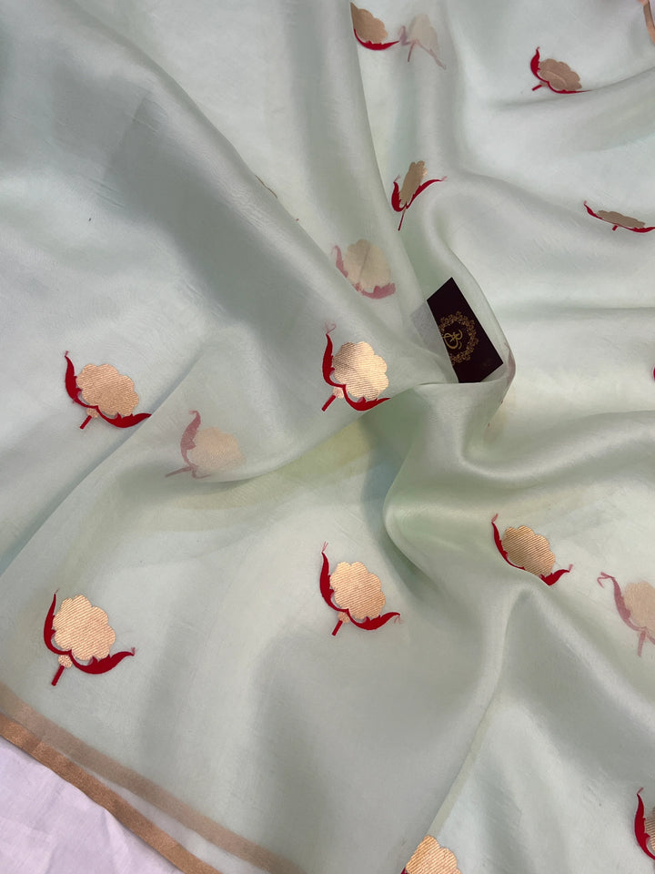 Mint Green Pure Kora Silk Handloom Banarasi Saree