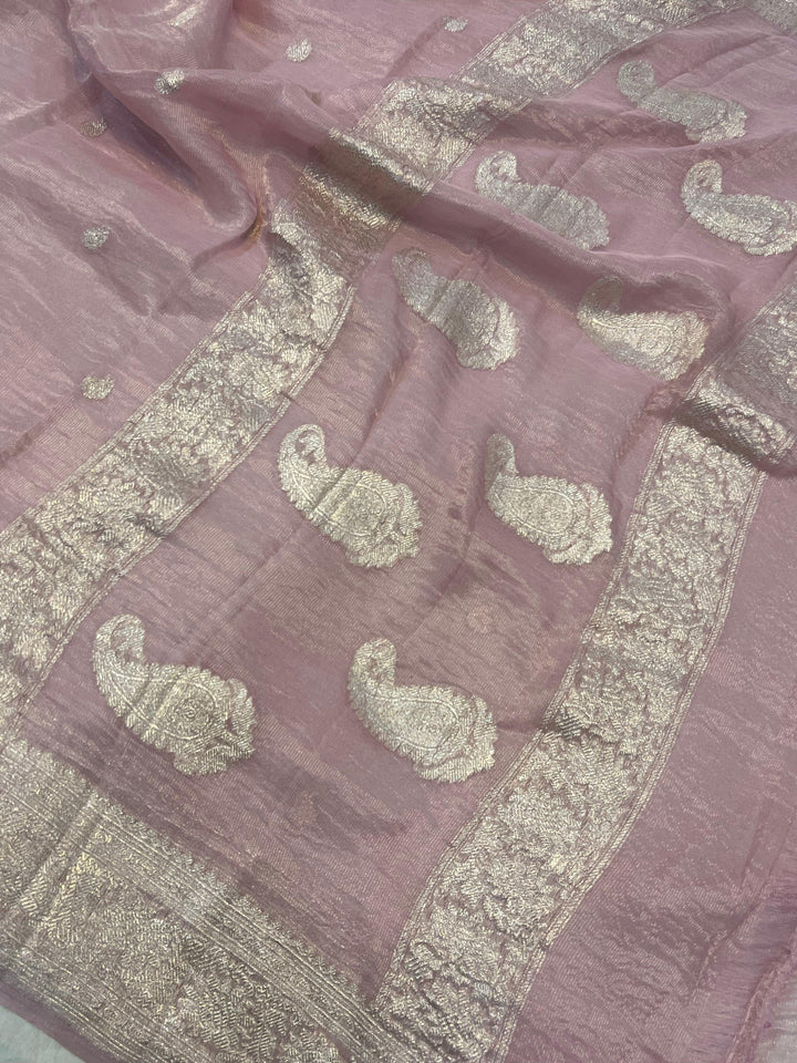Buy Pink Pure Banarasi Crush Tissue Silk Saree – Handwoven | Aura Benaras