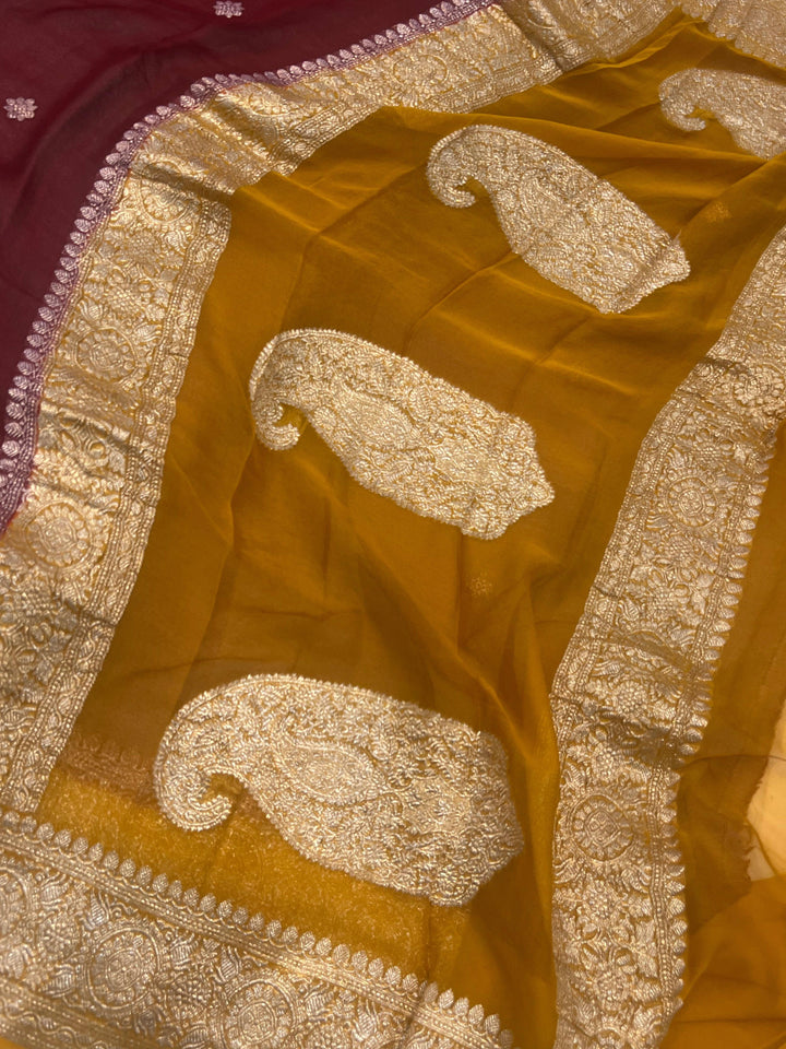 Maroon Khaddi Chiffon Banarasi Handloom Saree - Aura Benaras