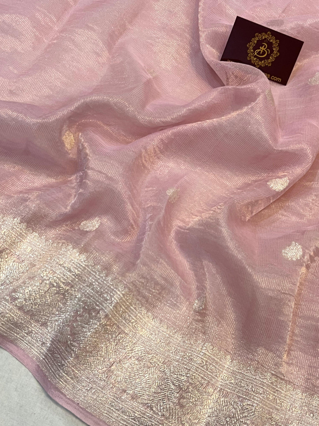 Buy Pink Pure Banarasi Crush Tissue Silk Saree – Handwoven | Aura Benaras