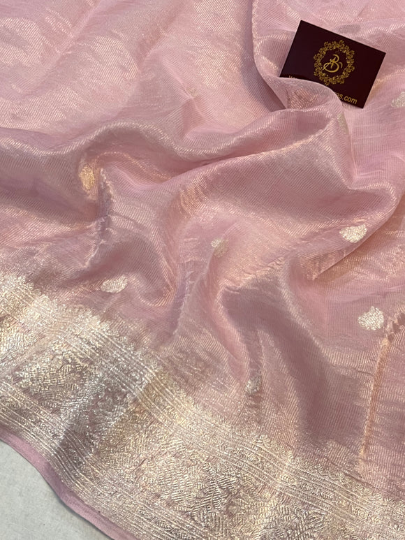 Baby Pink Pure Banarasi Handloom Chiffon Tissue Silk Saree