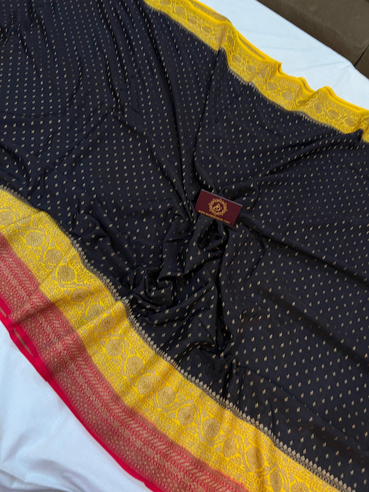 Black Pure Banarasi Khaddi Crepe Silk Saree - Aura Benaras