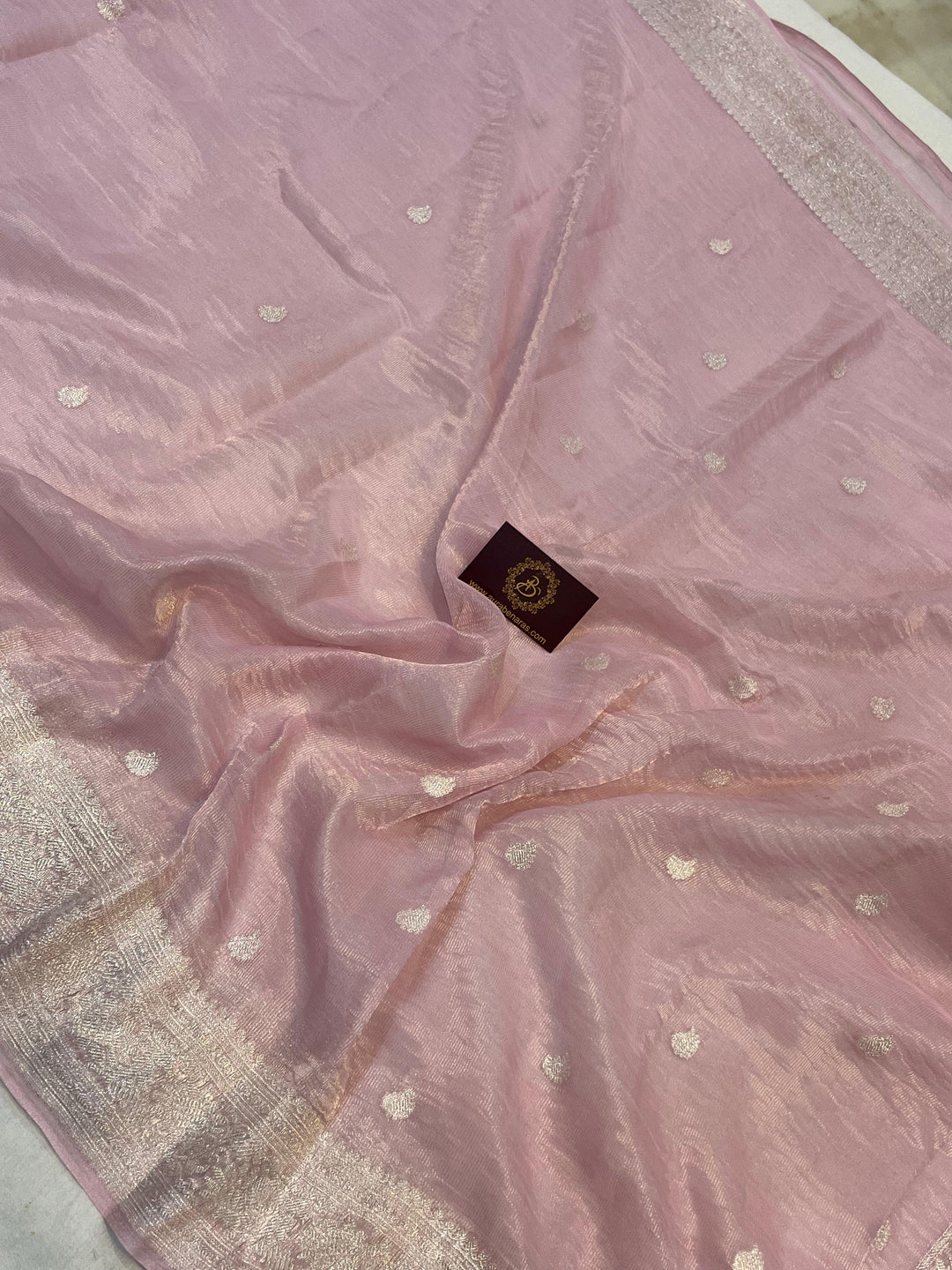 Buy Pink Pure Banarasi Crush Tissue Silk Saree – Handwoven | Aura Benaras
