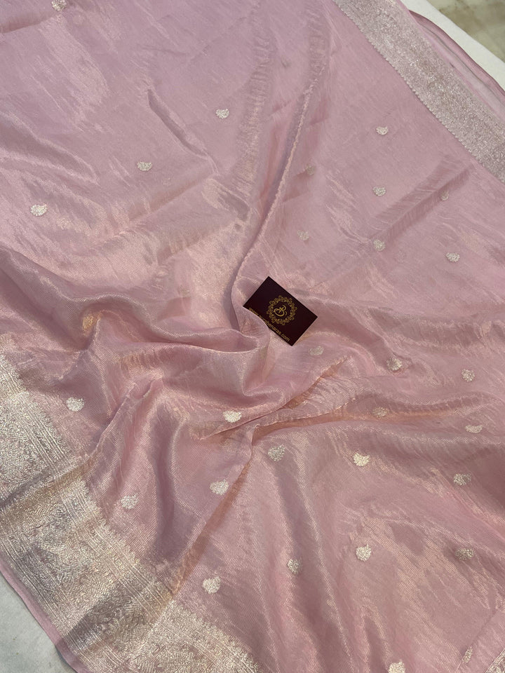 Buy Pink Pure Banarasi Crush Tissue Silk Saree – Handwoven | Aura Benaras