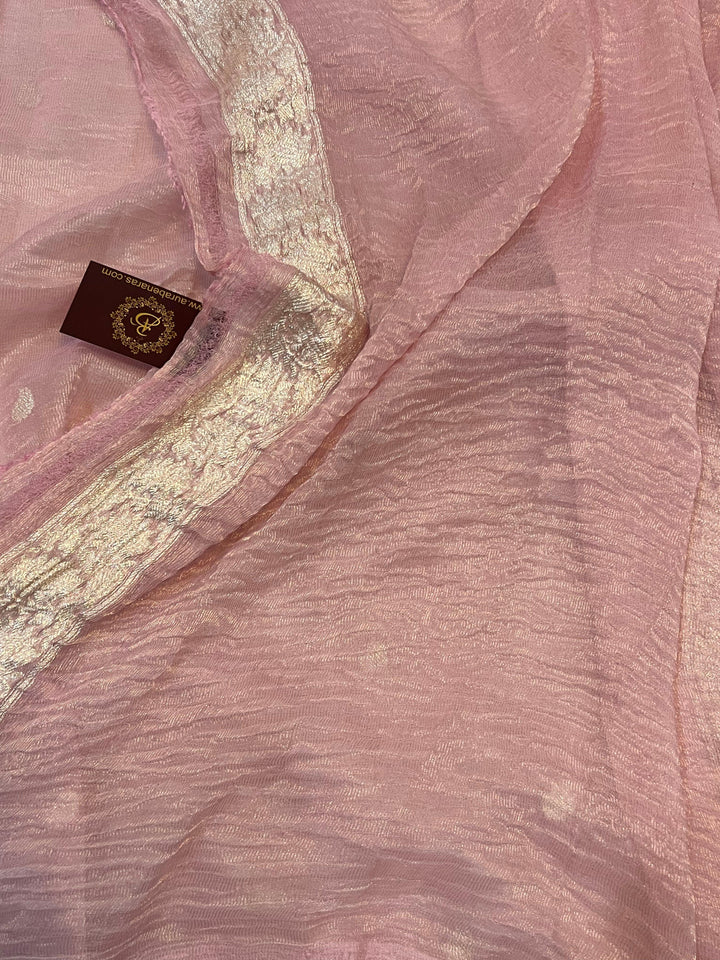 Buy Pink Pure Banarasi Crush Tissue Silk Saree – Handwoven | Aura Benaras